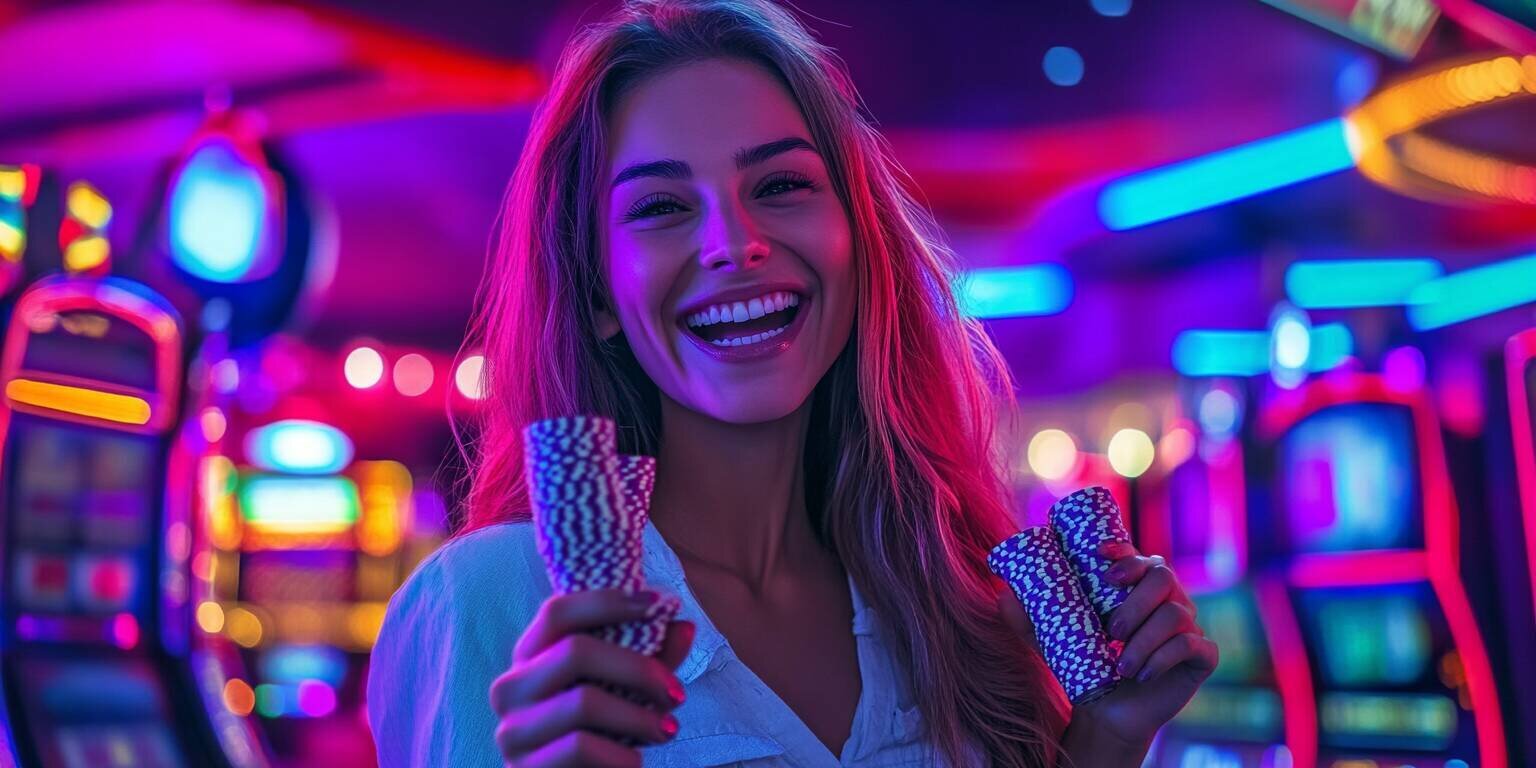 Young woman celebrating her winnings at Lucky 35 with a vibrant casino backdrop