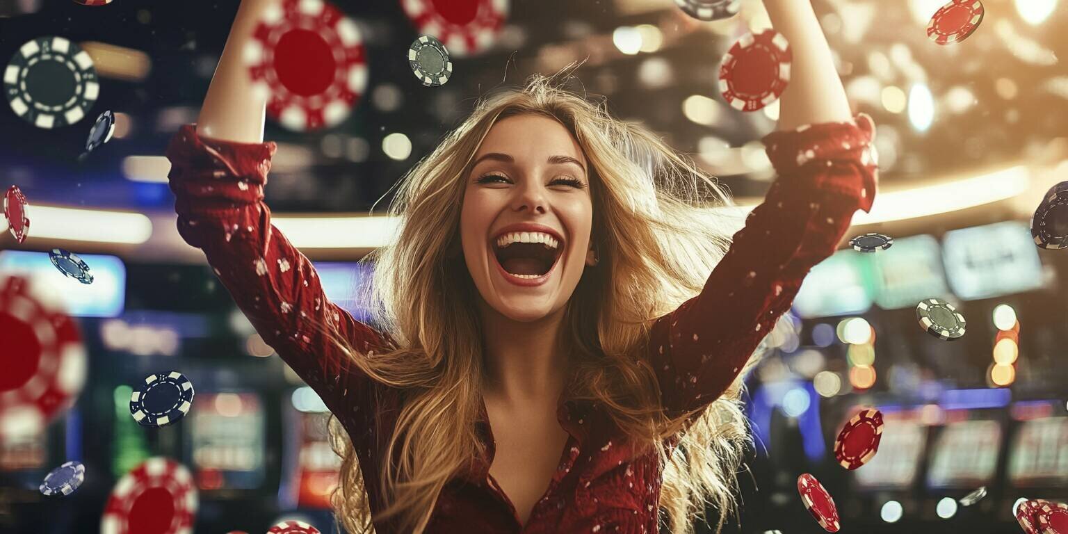 Woman celebrating a big promotion win at Lucky 35